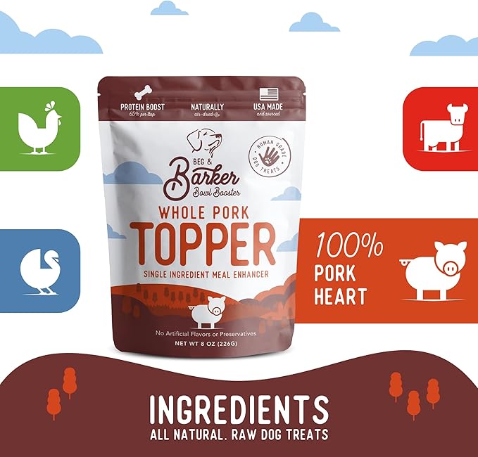 Beg & Barker Pork Dog Food Toppers for Picky Eaters (8 Ounce, Pack of 1) - Bowl Booster with Whole Pork Heart - Premium Meal Mixers for Dogs - Single Ingredient, Human Grade, Grain Free