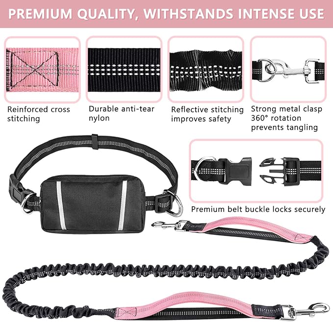 Hands Free Dog Leash Bungee Retractable Dog Running Waist Leash for Running Walking Jogging Training Hiking with Medium to Large Dogs, Adjustable Waist Belt Pouchouch, Reflective Stitches, Dual Handle