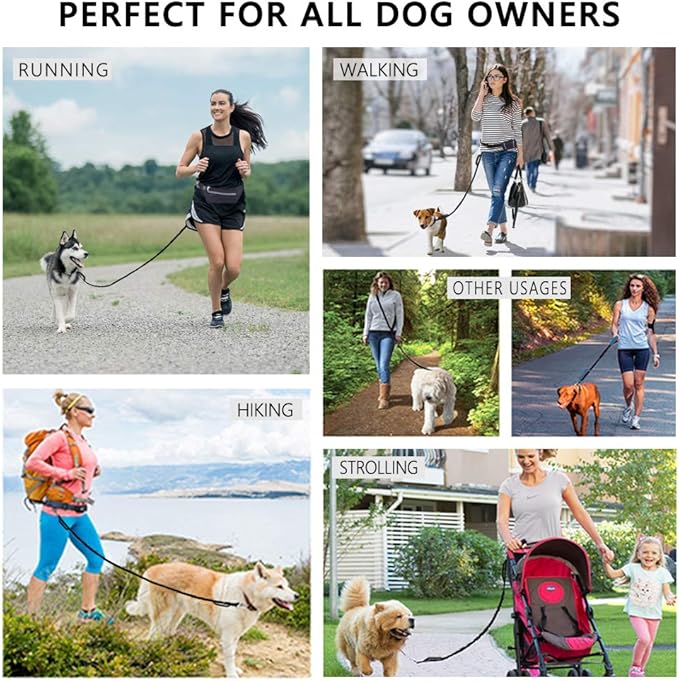 Hands Free Dog Leash, Waist Dog Running Leash for Medium to Large Dogs, Retractable Bungee Hands Free Leash for Walking Jogging Training Hiking, Adjustable Waist Belt, Dual Handle