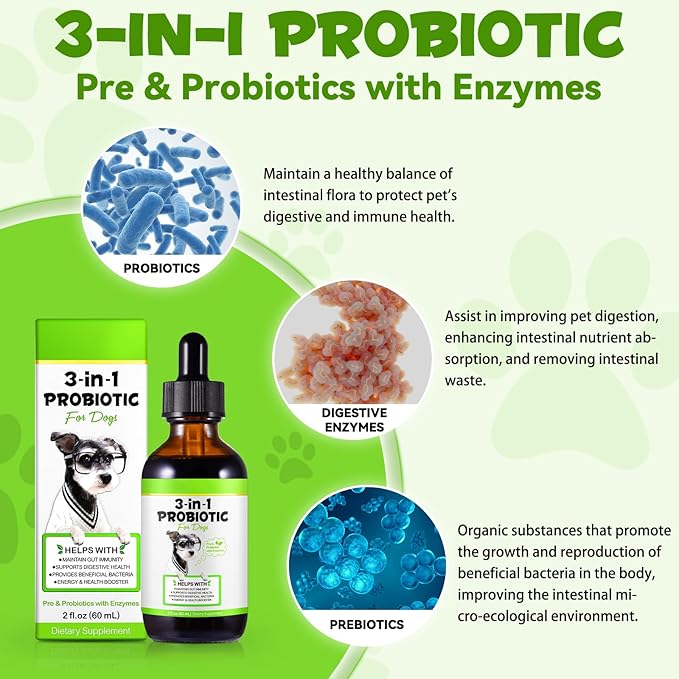 Probiotics for Dogs,3-in-1 Dog Probiotics,Dog Probiotics for Digestive Support, Dog Probiotic Supplements,Pet Probiotics for Dogs, Liquid Probiotics for Dogs | 2 Oz