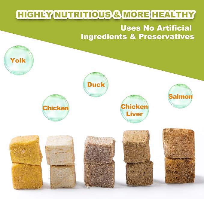 Freeze Dried Chicken Duck Salmon Cube - Cat Dog Dices Food Treats 5 in 1 Raw Egg Yolk High Protein Snacks Easy Digestion Pet Food No Fillers Preservatives or Additives for Training(5 OZ)