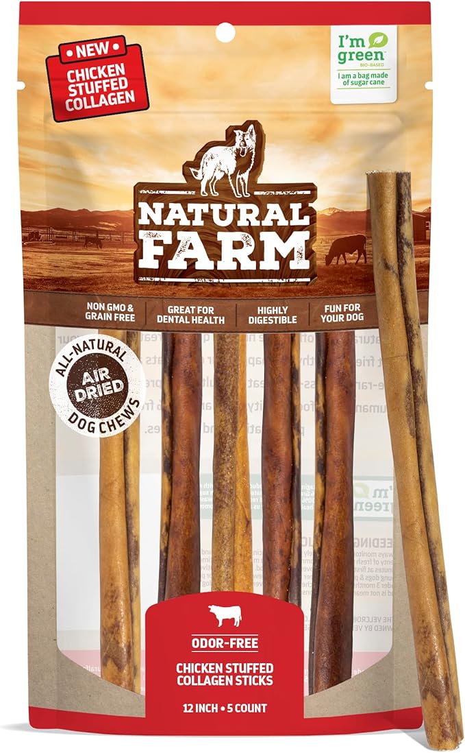 Natural Farm Chicken Stuffed Collagen Sticks with Real Chicken for Dogs (12 Inch, 5-Pack), Rawhide-Free Collagen Sticks, Odor-Free Natural Dog Chews, Long Lasting, for Small, Medium and Large Dogs