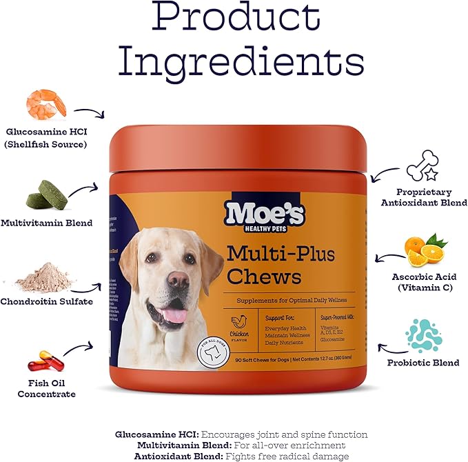 Moe’s 5-in-1 Essential Dog Multivitamin -Supports Dog's Heart, Immunity, Skin, Coat, & Overall Health- Vitamins A, B12, C, D, E, Antioxidants, Omega 3- for All Ages & Breeds- 90 Chicken Flavored Chews