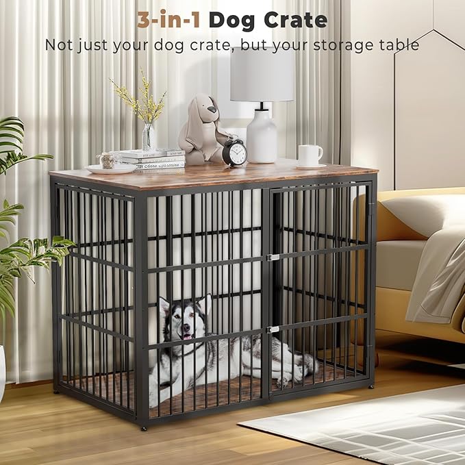 48'' Dog Crate Furniture with 3 Doors,Wooden Dog Crate End Table Heavy Duty Indoor Combination Dog Cage for Medium to Large Dogs, Multiple Units Can be Combined