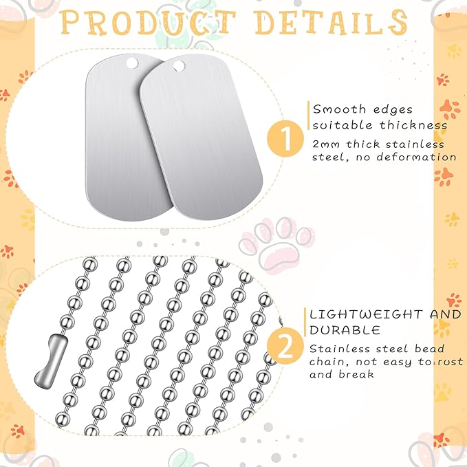 20 Pieces Military Dog Tags Set Including 10 Stainless Steel Army Blank Dog Tag 10 Steel Chain Personalized Pets Tags Oval Pendant Necklace for Stamping Engraving DIY Craft(Silver)