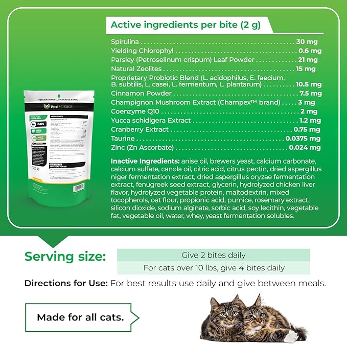 VetriScience Perio Plus Cat Teeth Cleaning Bites - Advanced Cat Breath Freshener - Dual Action Cat Dental Care Formula for Plaque Control & Fresh Breath, 60 Chews, Chicken Flavor