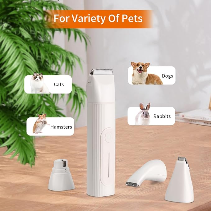 Dog Clippers Grooming Kit with Nail Grinder, 4-in-1 Low Noise Dog Clippers for Grooming, Cordless Dog Paw Trimmer, Washable Attachment Heads, Pet Hair Clippers for Small Dogs/Cats/Rabbit