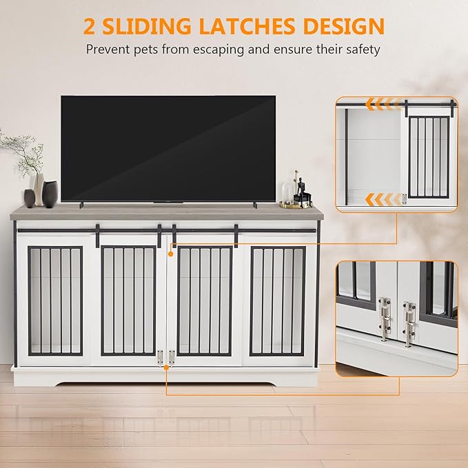 2-in-1 Double Dog Crate Furniture for 2 Dogs 60.6 Inch White Sturdy Double Dog Kennel TV Stand with Divider and Sliding Doors