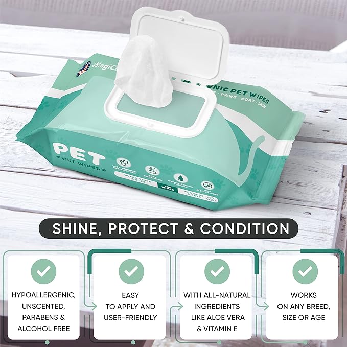 MAGICARE Grooming Wipes for Dogs & Cats - 400 Dog Wipes for Cleaning Paws, Ears and Butt - Unscented Deodorizing Pet Wipes for Dogs with Sensitive Skin - Proudly Made in USA