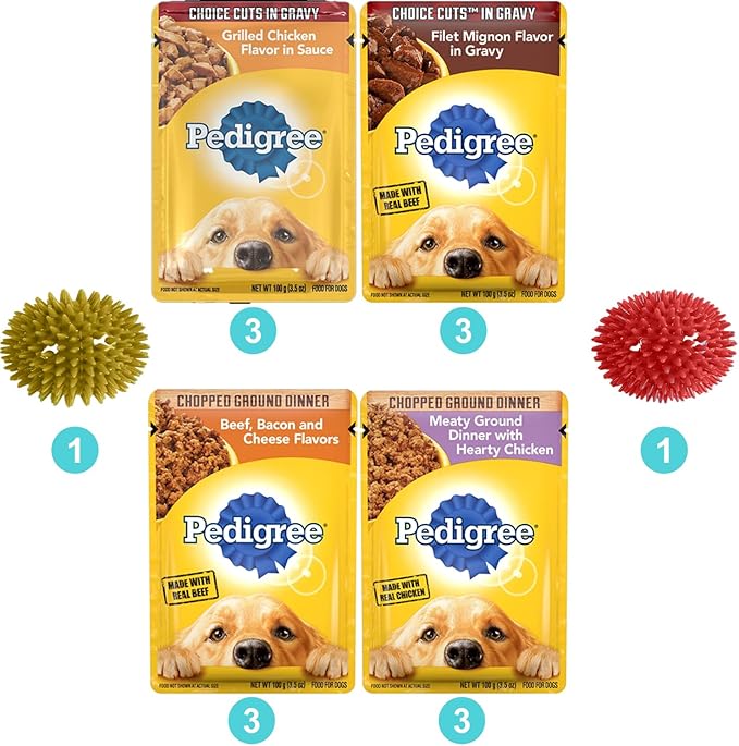 Dog Food Wet Pouches - 12 Pouches 4 Flavors Dog Wet Food - Beef, Bacon, Cheese Flavor, Hearty Chicken & Grilled Chicken Flavor & Filet Mignon Flavor - 2 Toys
