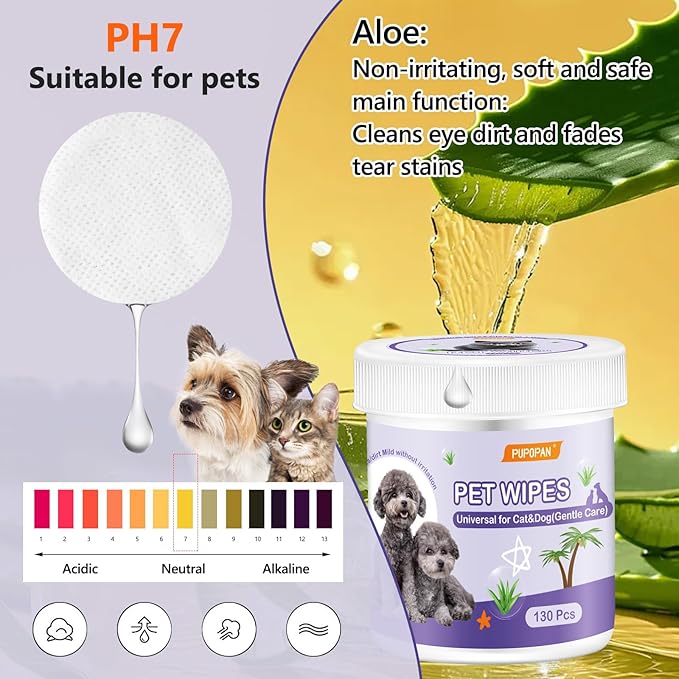 Pet Gentle Eye Wipes, 130 Count Universal Cat & Dog Grooming Wipes, Natural and Safe for Removing Dirt Crust and Discharge, Hypoallergenic for Ear, Body, Paw