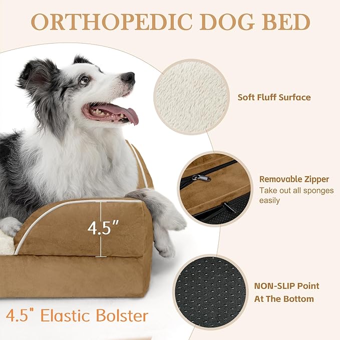Large Dog Beds Waterproof, Orthopedic Dog Beds for Large Sized Dogs, Comfy Pet Bed Sofa with Washable Removable Cover & Non-Slip Bottom(Large,Khaki)