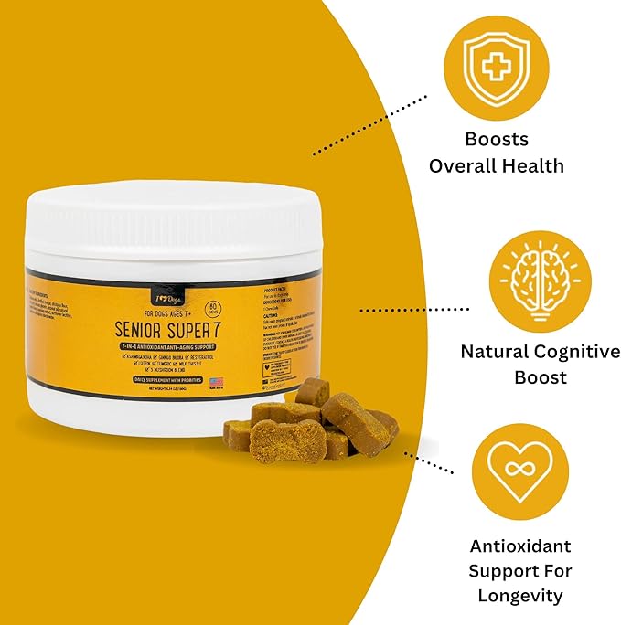 iHeartDogs Senior Super 7 Daily Dog Multivitamin - 7-in-1 Vitamin for Dogs Supports Anti-Aging with Antioxidants, Probiotics, Lion's Mane, Turkey Tail, & Ashwagandha for Longevity & Cognitive Boost