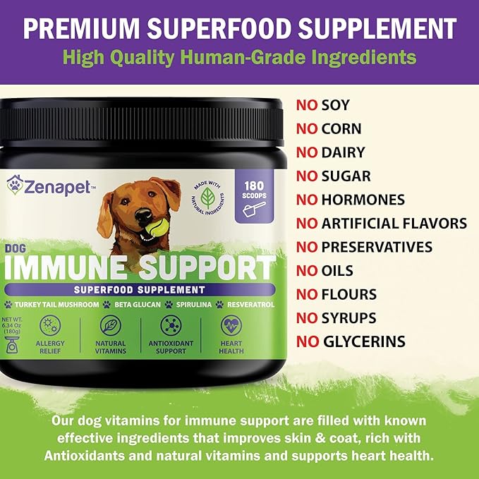 ZENAPET Allergy Immune Support Supplement for Dogs, Superfood 100% Human-Grade with Turkey Tail Mushroom, Prebiotics for Gut Health, Itchy Skin, Seasonal Allergies & Yeast - for Small to Large Breeds