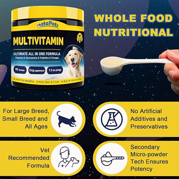 Dog Vitamins, Dog Multivitamin Powder with Probiotics, Glucosamine, Omega 3, Support Gut, Joint & Mobility, Itchy Skin & Coat, Minerals and Antioxidant for Immune Health, Daily Nutrition Supplement