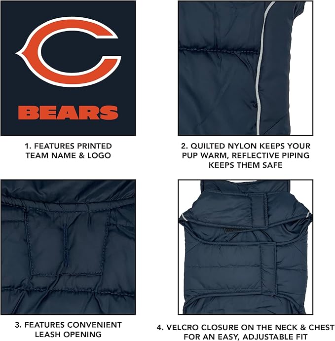 NFL Chicago Bears Puffer Vest for Dogs & Cats, Size Small. Warm, Cozy, and Waterproof Dog Coat, for Small and Large Dogs/Cats. Best NFL Licensed PET Warming Sports Jacket