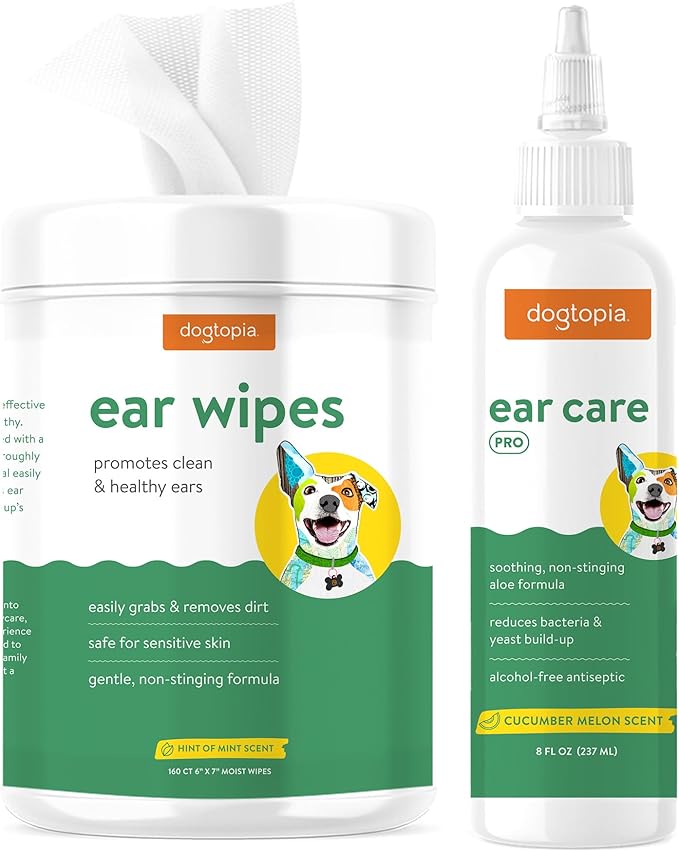 Ear Wipes and Ear Care Pro Solution for Pets | Gentle Ear Wipes (160 count) and Ear Care Solution (8oz) for Dogs and Cats | Non-Stinging Ear Duo