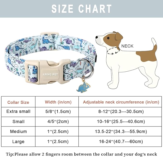 ARING PET Dinosaur Dog Collar-Cute Dog Collar for Small Dogs, Adjustable Dinosaur Print Pet Collars Puppy Collar for Small Medium Large Dogs
