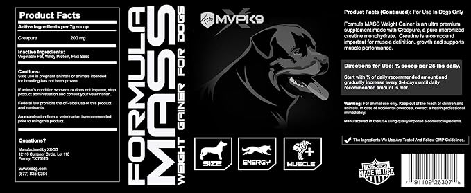 MVP K9 Formula Mass Weight Gainer for Dogs - Helps Promote Healthy Weight Gain, Size and Muscle in Dogs - Great for Skinny, Underweight, Picky Eaters. All Breed Formula, Made in USA (90 Servings)