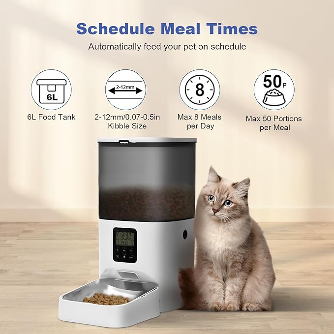 Automatic Cat Feeder, Cat Food Dispenser with 10s Voice Recorder, Pet Feeder up to 8 Meals per Day, Timed Cat Feeder with Dry Food Sealed Ring(White, 6L)