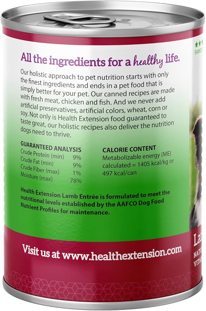 Health Extension Wet Dog Food Canned, Natural Food for all Puppies & Dogs with added Vitamins & Mineral, Lamb Entree (12.5 Oz / 374 g) (Pack of 12)