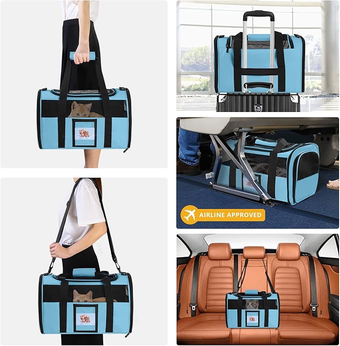 Cat Carrier, Dog Carrier, Pet Carrier Airline Approved for Cat, Small Dogs, Kitten, Cat Carriers for Small Medium Cats Under 15lb, Collapsible Soft Sided TSA Approved Cat Travel Carrier-Blue