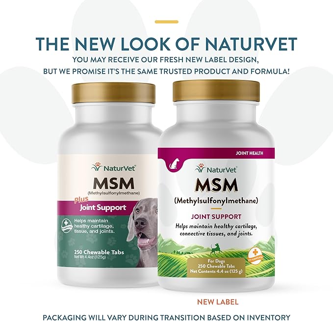 NaturVet Methylsulfonylmethane Joint Support Dog Supplement – Helps Support Healthy Cartilage, Tissue and Joints in Dogs – Includes MSM, Sulfur-Rich Compounds – 250 Ct.