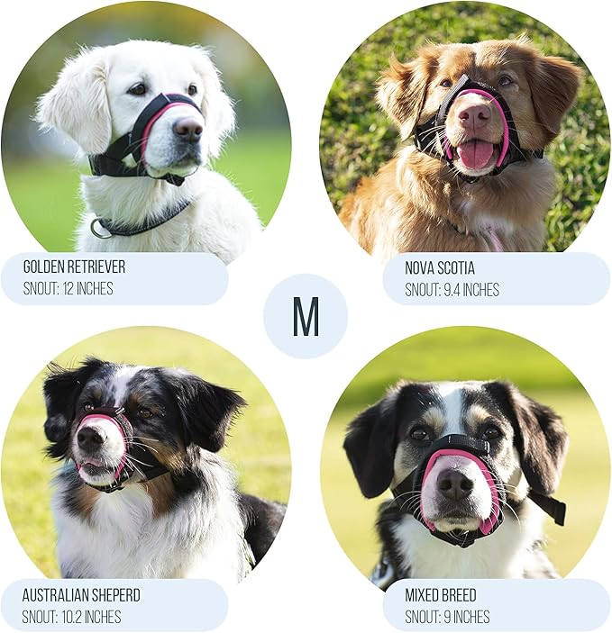 Gentle Muzzle Guard for Dogs - Prevents Biting and Unwanted Chewing Safely – New Secure Comfort Fit - Soft Neoprene Padding – No More Chafing – Training Guide Helps Build Bonds with Pet (M, Pink)
