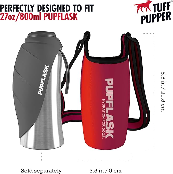 Tuff Pupper PupFlask Insulated Neoprene Dog Water Bottle Holder Sling with Wide Adjustable Shoulder Strap, Great for Travel, Walking, Hiking, Portable Pet Water Bottle Holder (27 OZ, Crimson Red)