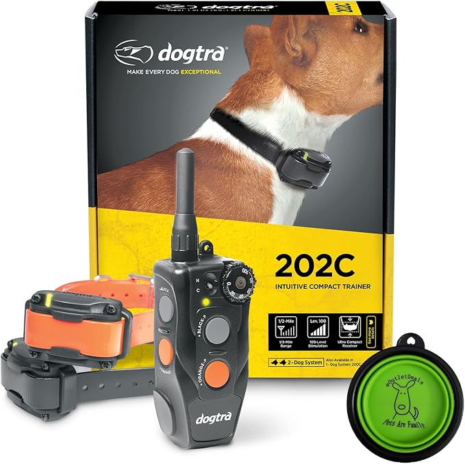 Dogtra E-Collar 200C / 202C Dog Training Collar System with Remote – 1/2 Mile Range, 1-2 Dog System - Rechargeable, Waterproof, Ergonomic - includes eOutletdeals Pet Travel Bowl (2 Dog System - 202C)
