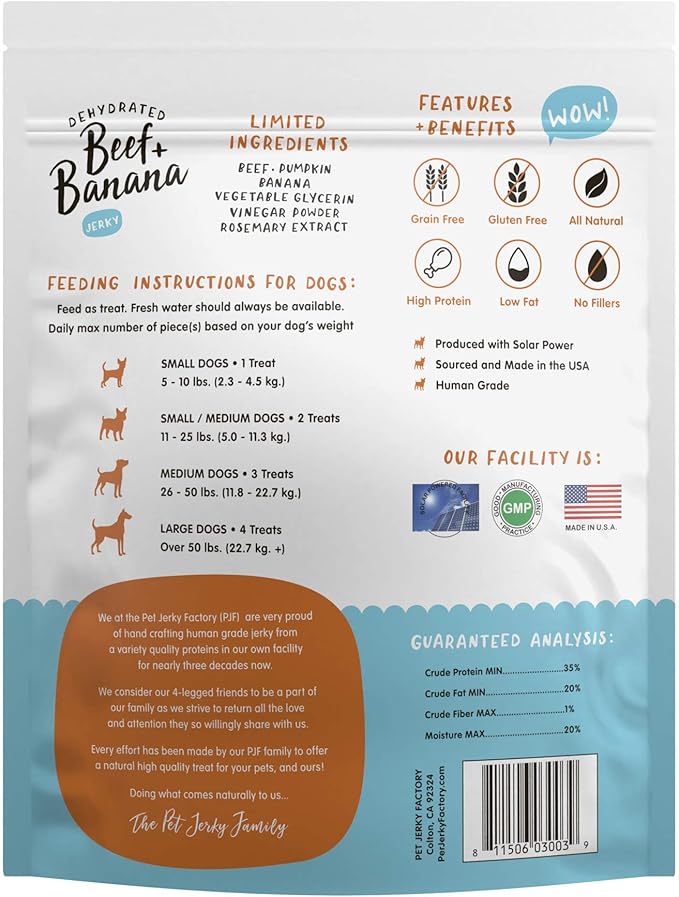 Premium Beef & Banana 12 oz. Dog Jerky Treats | 100% Human Grade | USA Made | High Protein | Grain Free | Limited Ingredients | No Filler | BHA-BHT Free | Soft-Tender
