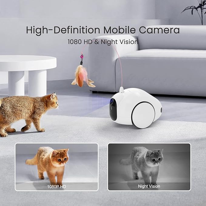 Pet Camera Treat Dispenser, Dog Camera with Phone App, Automatic Cat Feeders, Moving Home Security Camera with Night Vision Two Way Audio and Video (Support 2.4GHz Wi-Fi only, No Suscription Fee)