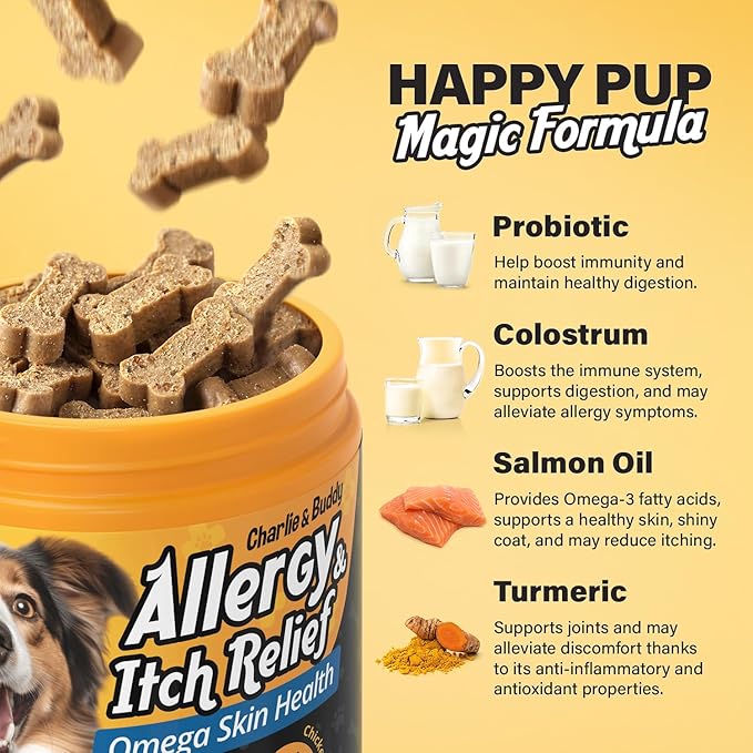 CHARLIE & BUDDY Dog Allеrgy Chews, Immunе Support & Itсh Rеlief for Dogs, Skin and Coat Supplements with Omega 3 Fish Oil, ACV, Vitamin C, & Probiotics for Dogs, 90 Soft Chews, Chicken Flavor, Wrap