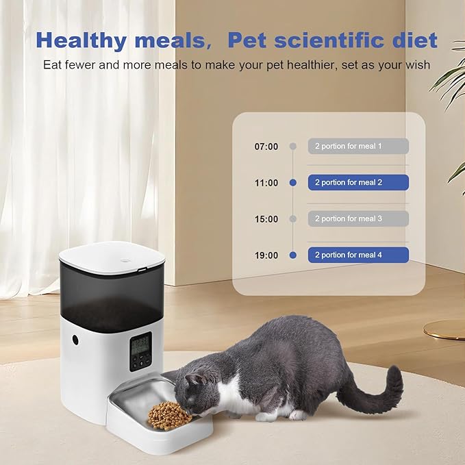 Automatic Cat Feeder, Cat Food Dispenser with 10s Voice Recorder, Pet Feeder up to 8 Meals per Day, Timed Cat Feeder with Dry Food Sealed Ring(White, 4L)