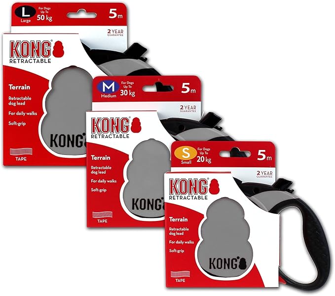 Alcott Kong Terrain Retractable Dog Leash, Small, Grey, 16' Long