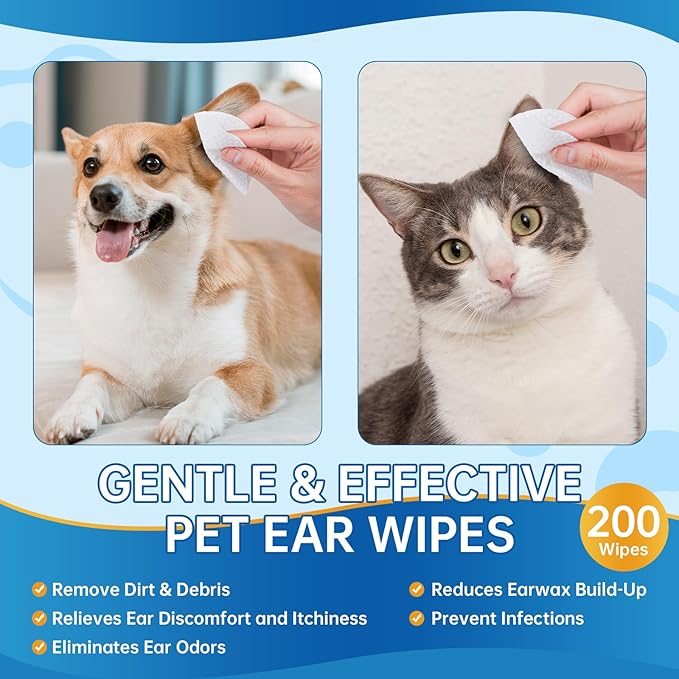 Ear Wipes for Pet, 200PCS Pet Ear Cleaning Wipes Wash Cleaner for Dogs Cats - Ear Wipes for Dogs Cats, Remove Ear Wax Dirt Debris for Dogs Cats