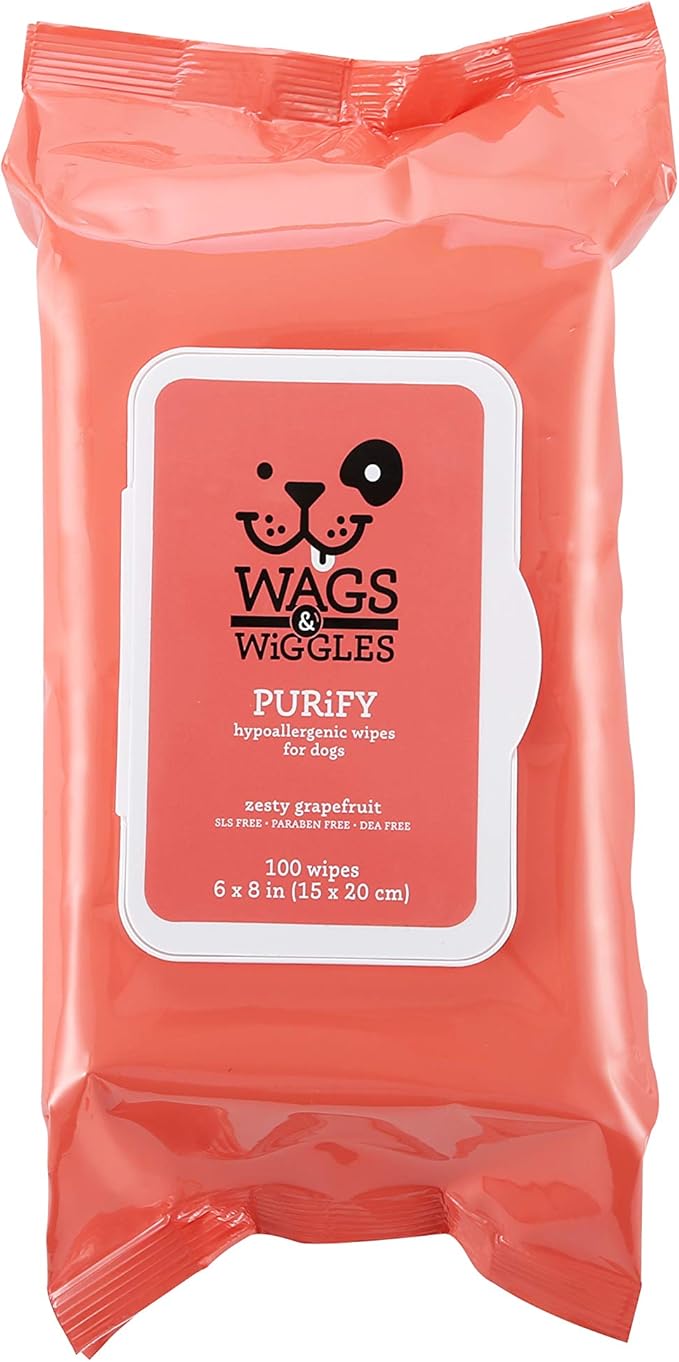 Wags & Wiggles Purify Hypoallergenic Wipes for Dogs Gently Clean & Condition Your Dog's Coat without A Bath Zesty Grapefruit Scent Your Dog Will Love, (Pack of 12, 1200 Count Total)