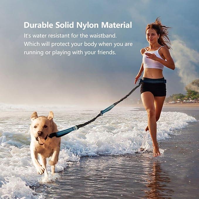 Hands Free Dog Running Leash with Adjustable Waist Belt, Dual Handle Elastic Bungees Retractable Rope for Medium and Large Dogs, Reflective Stitches for Walking Hiking Biking