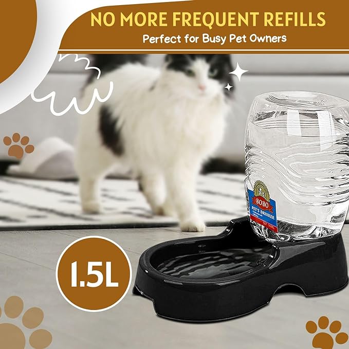 Flexzion Automatic Pet Water Dispenser - Self-Filling Cat & Dog Gravity Water Bowl, 3/8 Gallon (1.5L) Black Auto Cat Water Dispenser, Non-Skid & Easy-Clean Dog Water Feeder