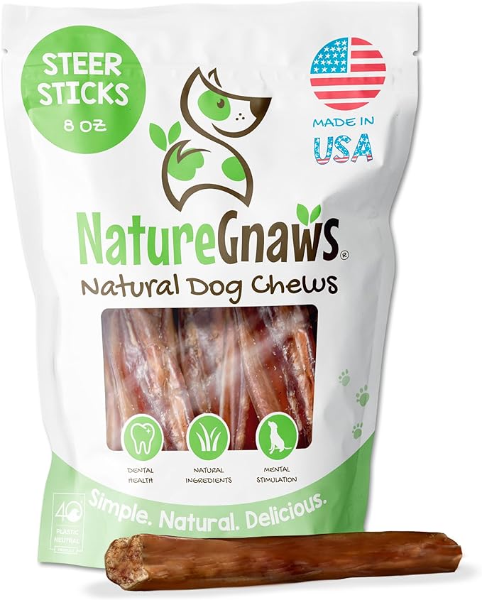Nature Gnaws Steer Sticks - Bully Sticks for Dogs - Great for Small, Medium and Large Dogs - Made in USA, Single Ingredient - Natural Long Lasting Chew Sticks - Rawhide Free Bully Bones - 8oz