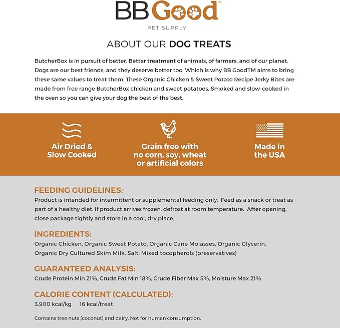 Dog Treats from ButcherBox - Organic Chicken and Sweet Potato Jerky Bites for Small and Large Dogs, Grain Free, Made and Sourced in The USA, 8 oz Bag (1 Count)