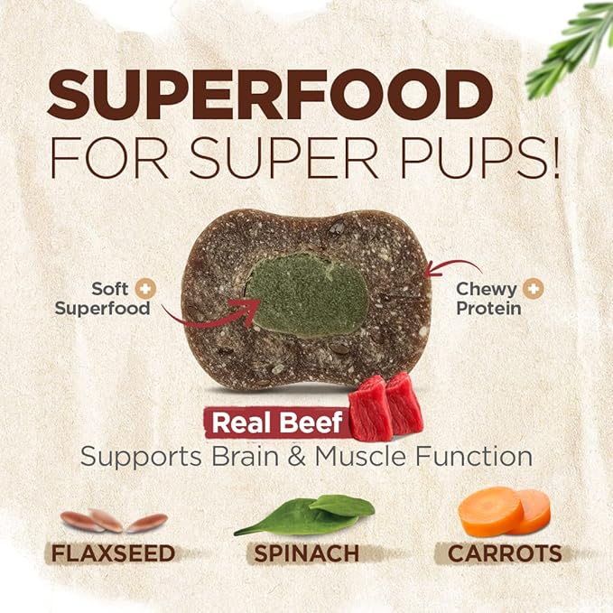 Natural Farm Natbones Superfood, All Natural Beef Flavor Dog Treats (12 Pack) - Chewy Beef Protein Treat Carrots, Green Peas, Spinach & Flaxseed, Natural Soup Bone, Engaging Dual Texture