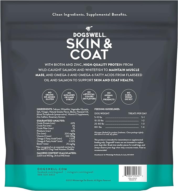 DOGSWELL Jerky Treats for Dogs, Skin and Coat Salmon Recipe 18 oz., 29235