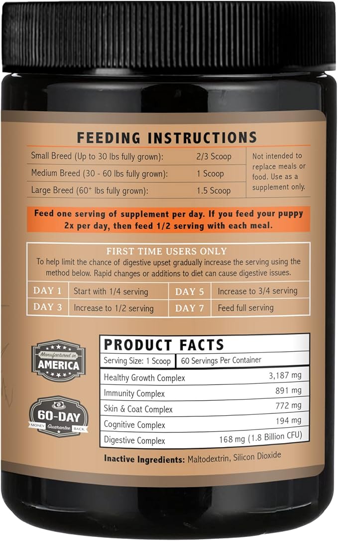 OptiPup All-in-1 Puppy Multivitamin by Alpha Dog Nutrition – Contains 31 Superfoods including Probiotics and Prebiotics for Digestive Support, Skin & Immune Health, and Optimum Growth (60 Servings)