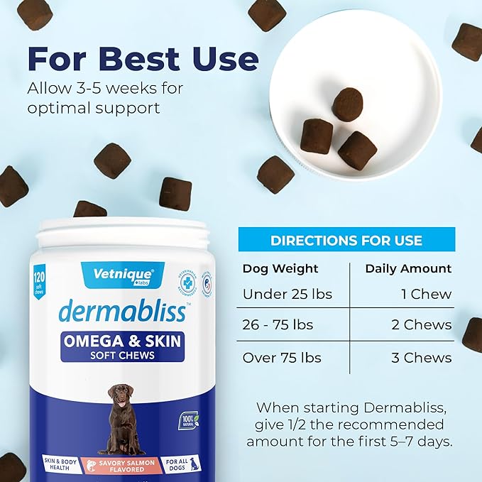 Vetnique Dermabliss Omega & Skin Health Fish Oil for Dogs Soft Chews Healthy Skin & Coat for Dogs with Biotin & DHA - Hickory Salmon Dog Treats (120ct Chews)