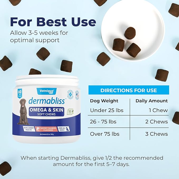 Vetnique Dermabliss Omega & Skin Health Fish Oil for Dogs Soft Chews Healthy Skin & Coat for Dogs with Biotin & DHA - Hickory Salmon Dog Treats (60ct Chews)