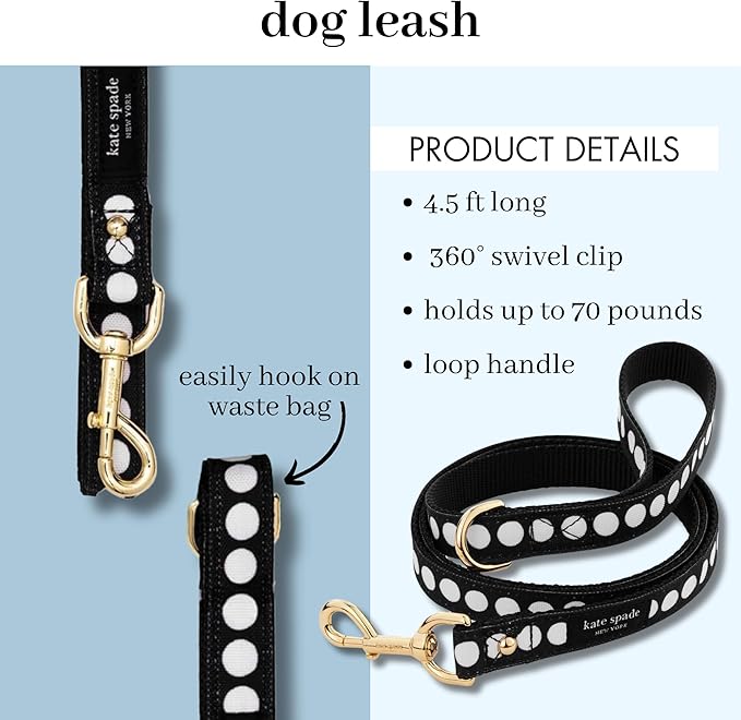 Kate Spade New York 4.5ft Dog Leash, Heavy Duty Leash for Female or Male Dogs, Cute Pet Leash with Gold Metal Hardware, Long Dog Lead for Small and Medium Breeds, Art Dot