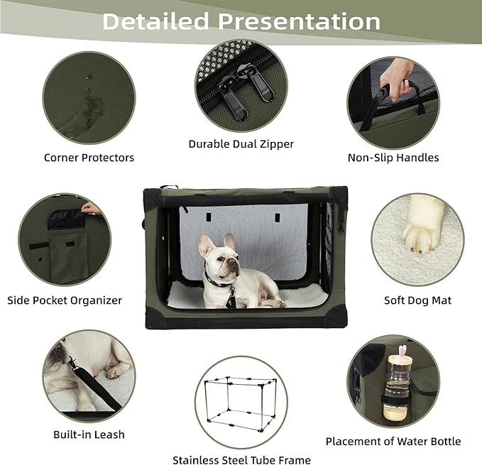 42 Inch Stainless Steel Collapsible Dog Crates for Large Dogs, 4-Door Soft Sided Dog Kennel for Travel, Portable Foldable Pet Crate with Durable Mesh Windows, Indoor & Outdoor, Olive Green