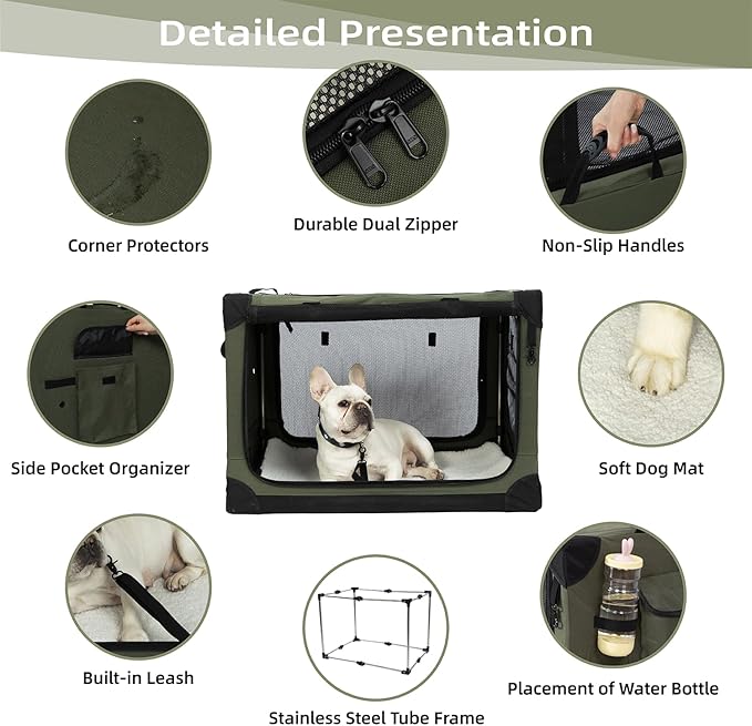 30 Inch Stainless Steel Collapsible Dog Crate - Soft Dog Crates for Medium Dogs, 4-Door Soft Sided Dog Kennel, Portable Foldable Travel Crate with Durable Mesh, Indoor & Outdoor, Olive Green