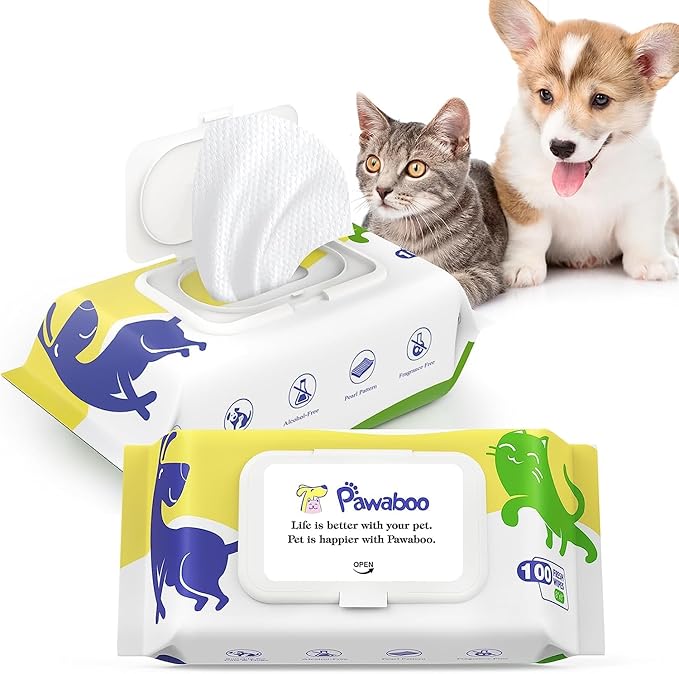Pawaboo Dog Wipes for Paws and Butt, Unscented Hypoallergenic Pet Wipes for Dog Cat, Soft Thick Dog Grooming Wipe for Cleaning Deodorizing with Lids, Puppy Wipes for Face Ears Body- 2Pack/200Count